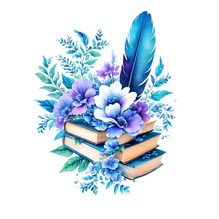 Floral Books With Coffee And Feather Intertwined Bright Color