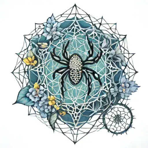Flower Of Life With Spiderweb Around And Spider Crawling