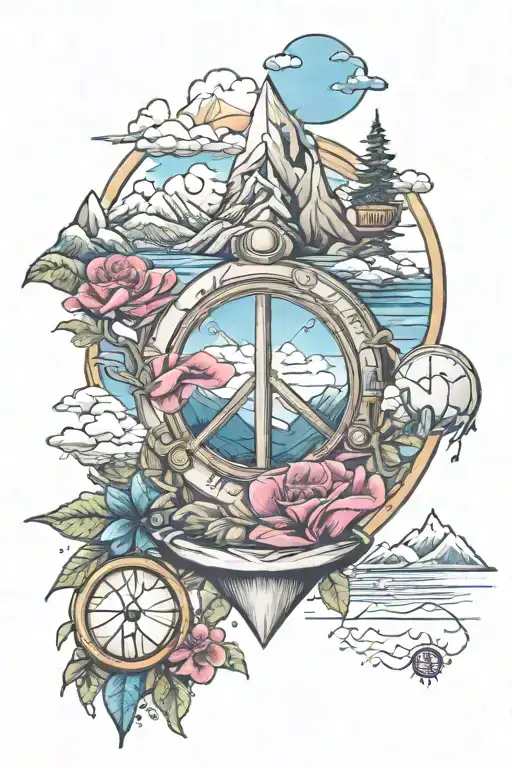 Peace Symbol With Mountains And Hourglass