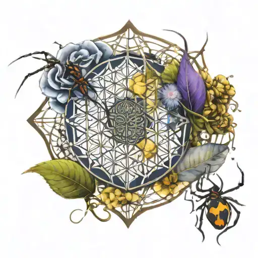 Flower Of Life With Spiderweb And Spider Crawling