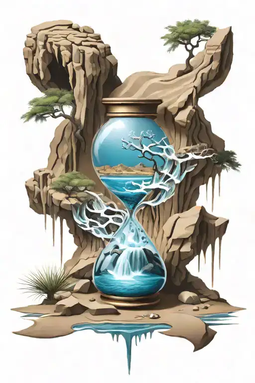 Hourglass With Water Fall In The Upper Bulb And Desert In The Lower Bulb