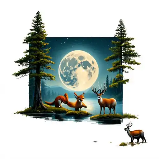 Woods With Full Moon And Lake With Trees And Animals Like Raccoon Squirrels Deer And Turkey