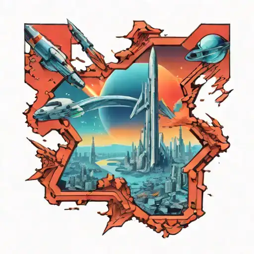 A Futuristic Cityscape On A Distant Planet With Rockets Taking Off In The Background