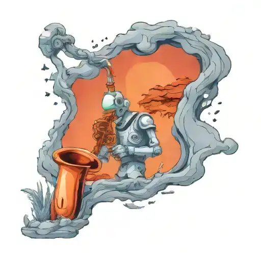 Create A Black-grey Tattoo Of A Robot Playing A Saxophone On An Alien Planet Landscape