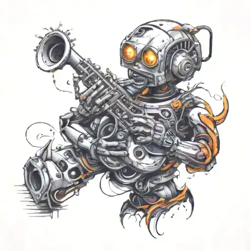Create A Black-grey Tattoo Of A Robot Playing A Saxophone On An Alien Planet Landscape