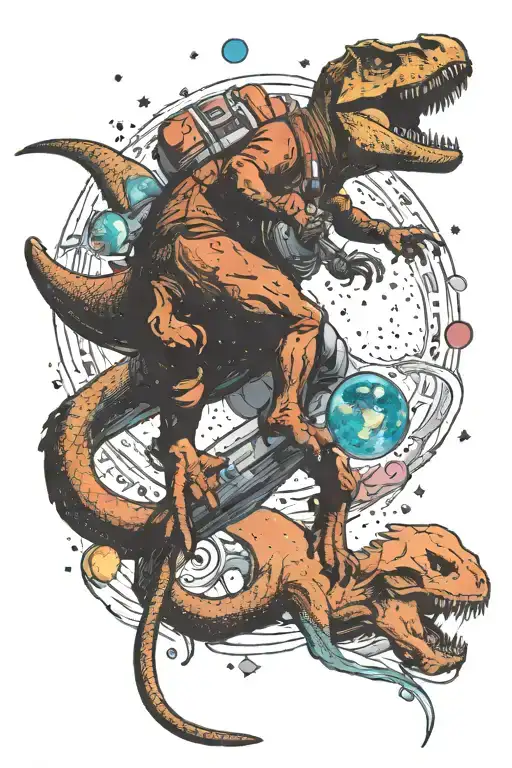 Astronaut Riding A Dinosaur Through A Starry Nebula