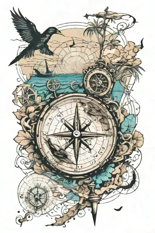 Feminine Beach Scene With Silhouette Tattered Map And Compass