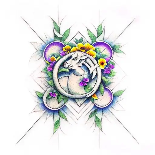 Capricorn Zodiac Sign Tattoo With Pansies Surrounding It