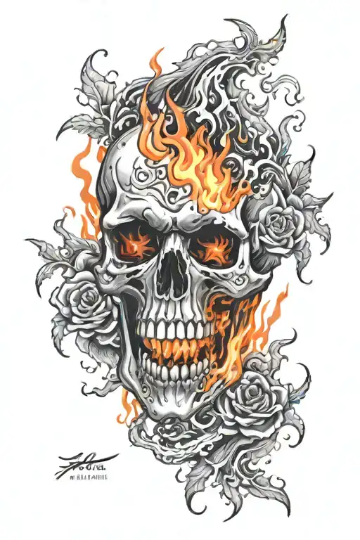 Skull And Flames Of Fire Around