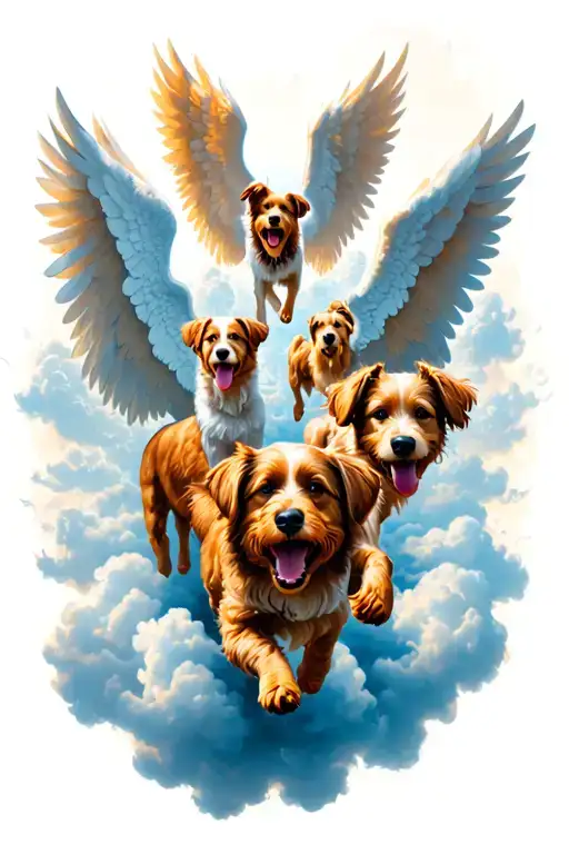 6 Dogs With Angel Wings Running In The Clouds Surrounding