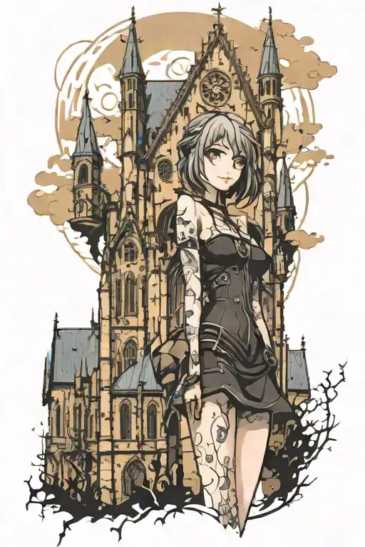 Gothic Anime Girl With A Gothic Church Towers Filler Background
