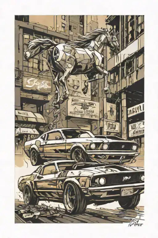 69 Mustang Leaving A Cyberpunk City With Cash Coming It Of The Trunk