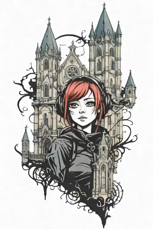 Gothic Anime Girl With Gothic Church Towers Background Filler