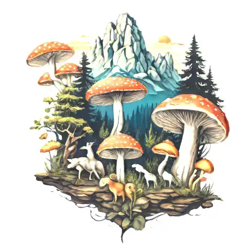 Mushroom And Forest Animals With Mountains