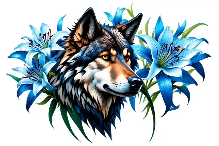 Wolf Head With Blue Spider Lilies Blooming Along