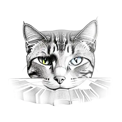 A Surreal Tattoo Of A Cat Lounging On A Bookcase Filled With Tropical Plants And Books