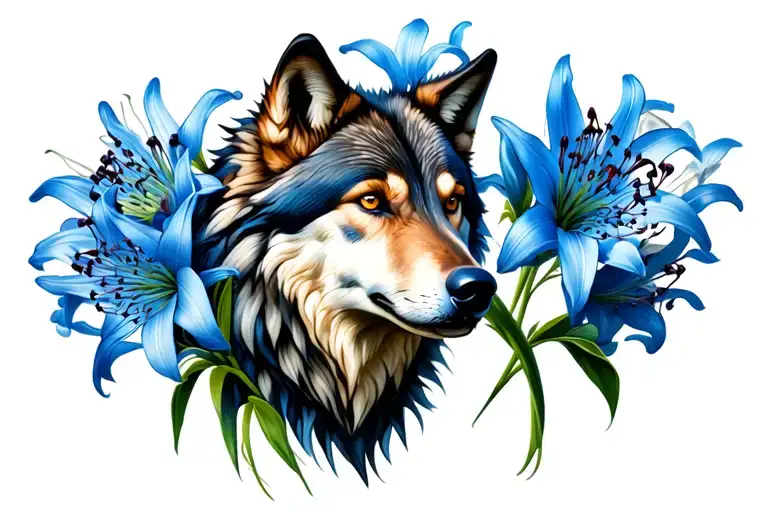 Wolf Head Facing Forward With Blue Spider Lilies Blooming Along