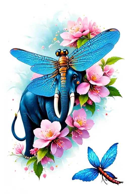 Dragonfly Elephant Cherry Blossom Blue