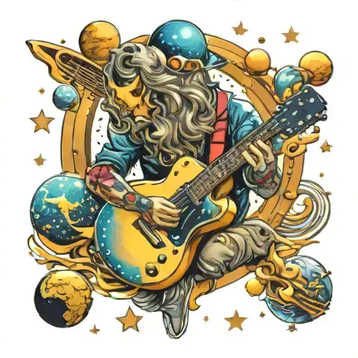 A Cosmic Guitar Player Surrounded By Stars And Planets
