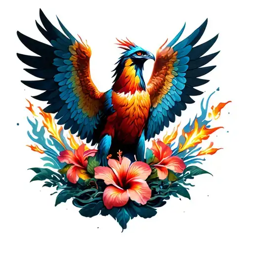 Phoenix With Both Wings Open With Hibiscus Flowers Rising Out Of The Ashes