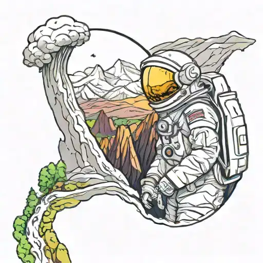 Astronaut Looking At Mountains With Waterfall