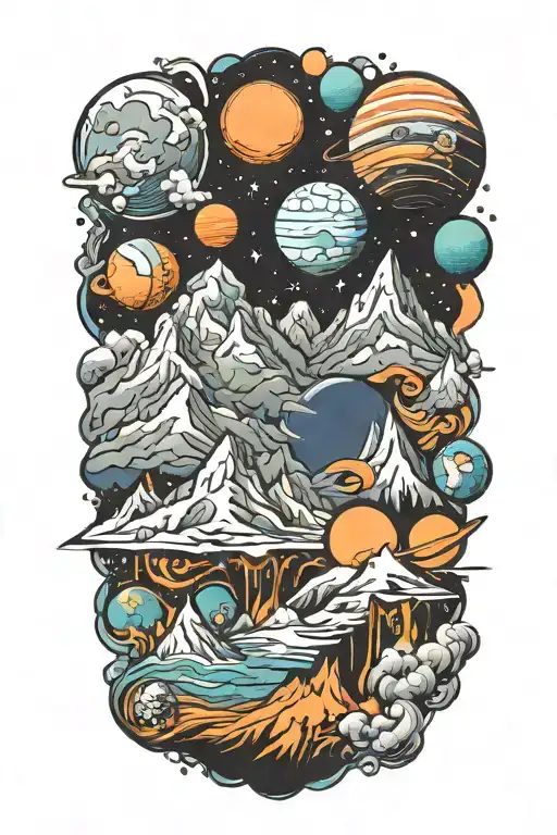 Mountains Leading Into Space With Planets