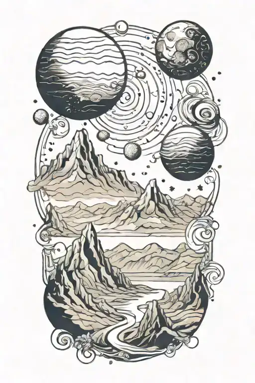 Mountains Leading Into Space With Planets