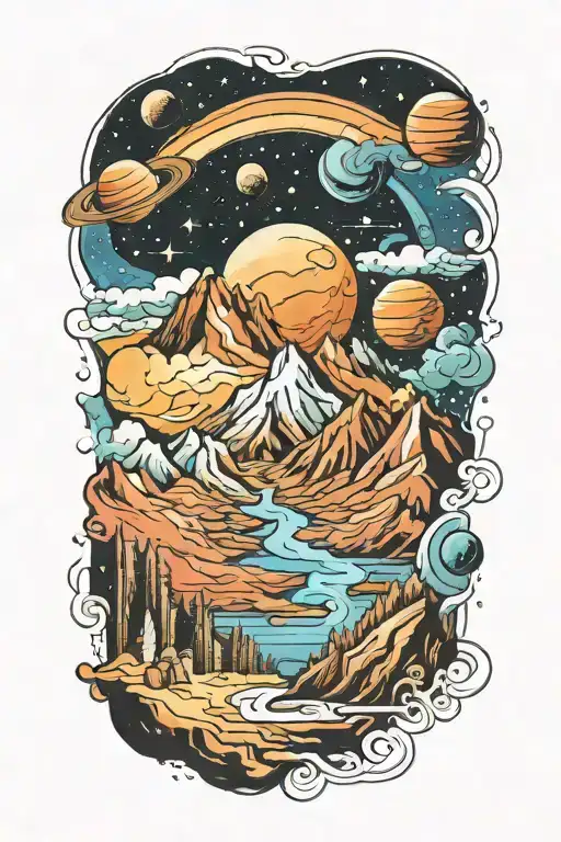 Mountains Leading Into Space With Planets