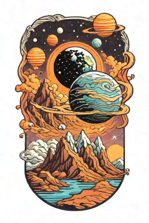 Mountains Leading Into Space With Planets