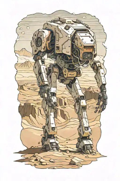 Wounded Human Like Mech Walking In Desert Landscape