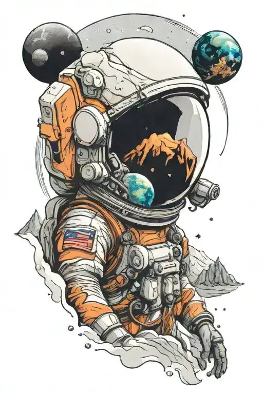 Astronaut Looking At Mountains Leading Into Space With Planets