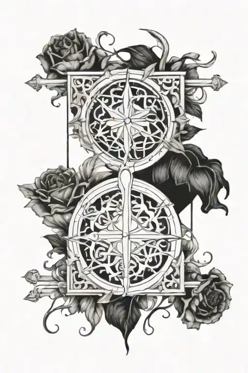 A Gothic-inspired Tattoo Of A Gemini And Sagittarius Intertwined In A Blackwork Style