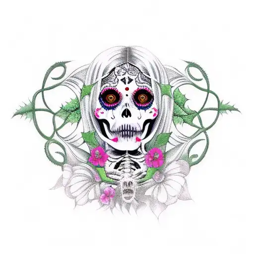 Santa Muerte On Woman Face With Vines And Music Notes