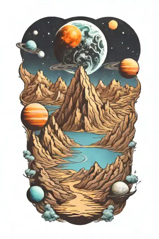 Mountains Leading Into Space With Planets