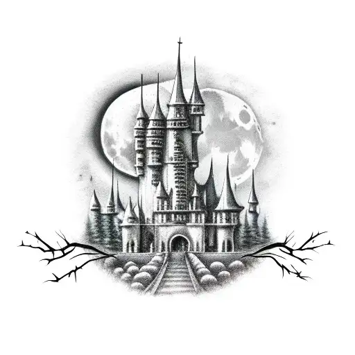 Bats With Halloween Trees And Haunted House With Moon