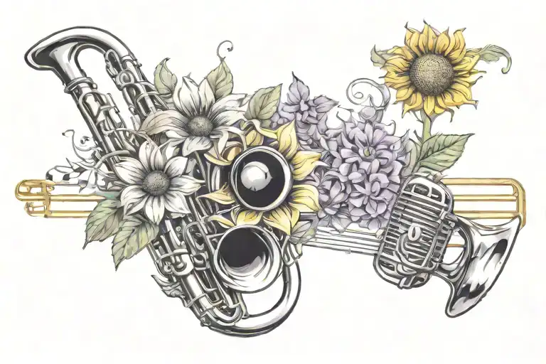 Musical Notes And Trombone And Sunflower And Lavender And Microphone