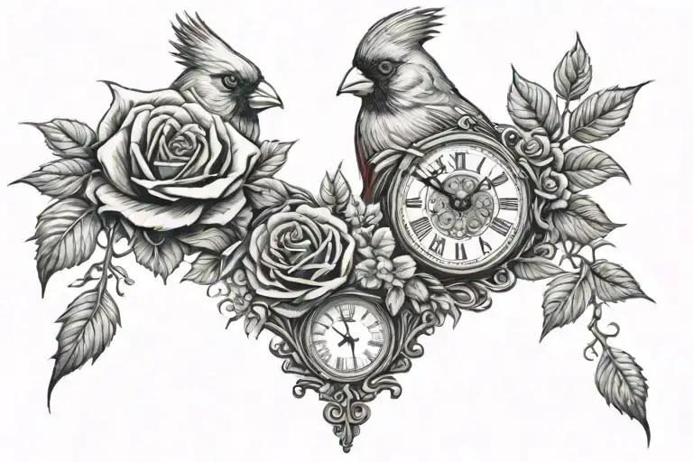 Cardinal With Roses And Clock