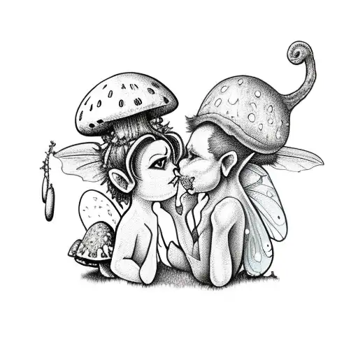 A Fairy And A Goblin Kissing Ontop Of A Mushroom