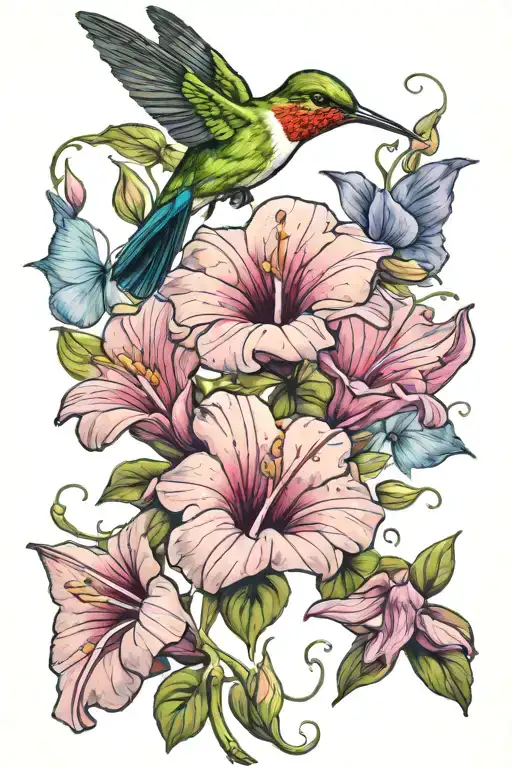 Humming Bird Flying Over Morning Glory Flowers Growing