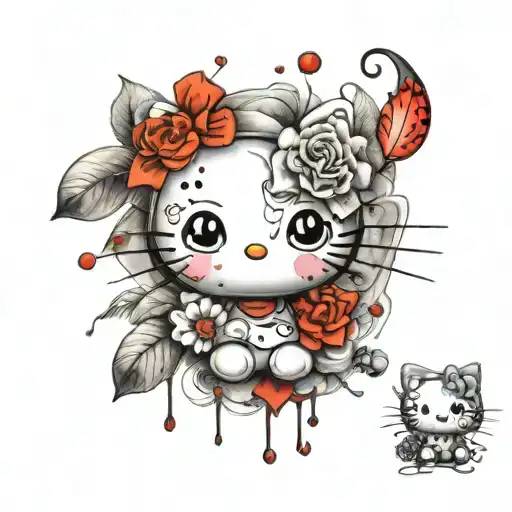 A Sketch-style Tattoo Of Hello Kitty With A Background Of Colorful Ladybugs