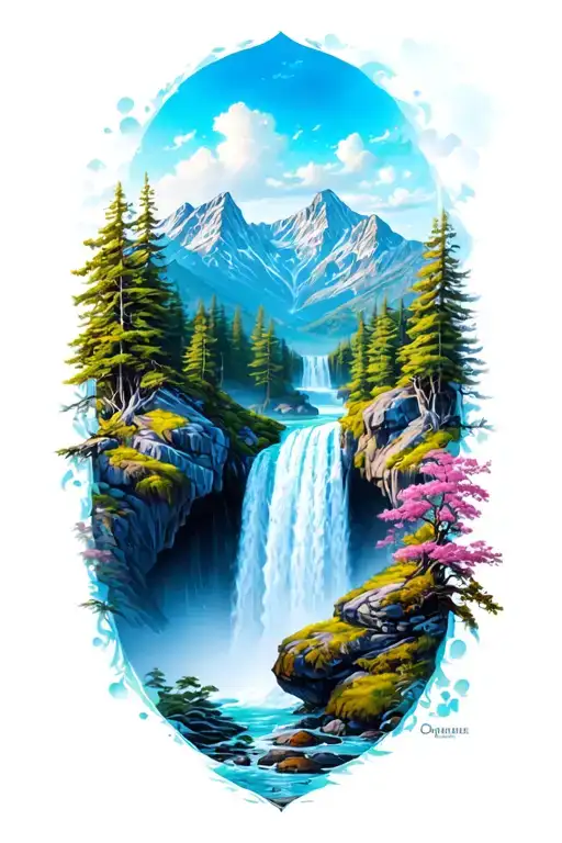 Nature With Waterfall And Mountains