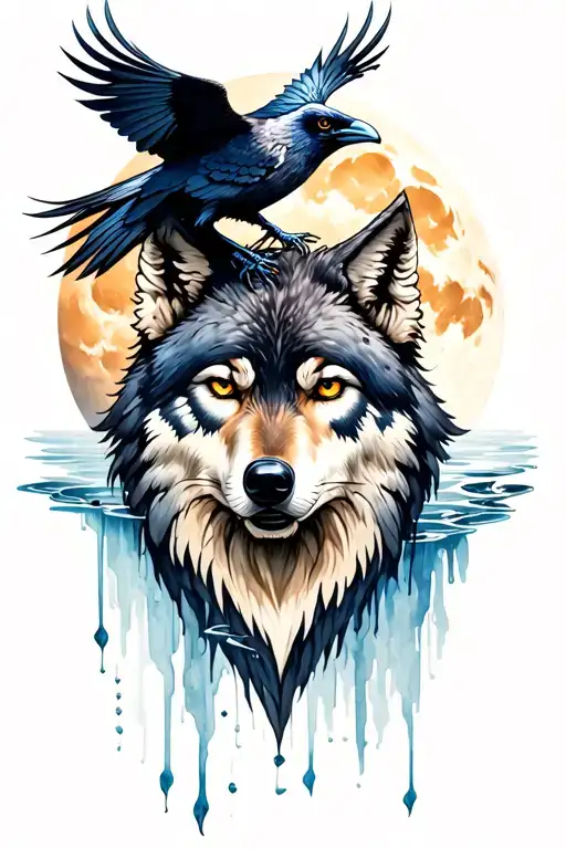 Lone Wolf Head With Raven Fying On Top Of The Head With Moon In Background With Water Color