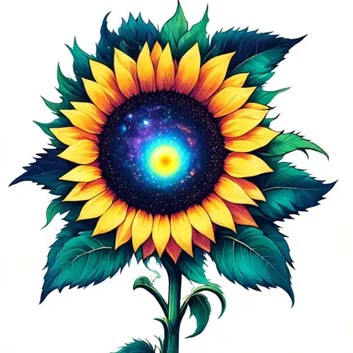 Sunflower With A Deep Space Theme Tattoo With An Acid Trip Style