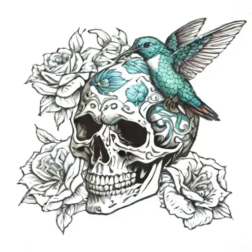Hummingbird On A Skull With Flowers