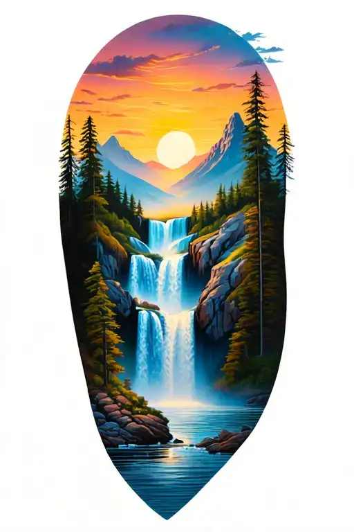 Nature With Waterfall And Mountains And Sun Setting