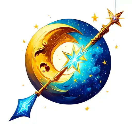 A Whimsical New-school Design Of A Crescent Moon With A Magic Wand As The Centerpiece