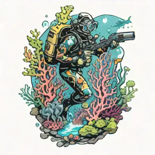 A Scuba Diver Exploring A Coral Reef With A River Flowing In The Background