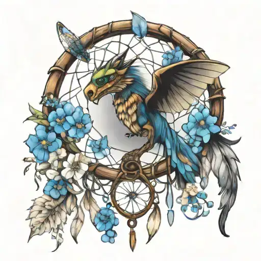 Dream Catcher With Forget Me Not Flowers And Dragon Fly