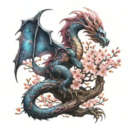 A Dragon Wrapped Around A Cherry Blossom Tree With A Galaxy Background