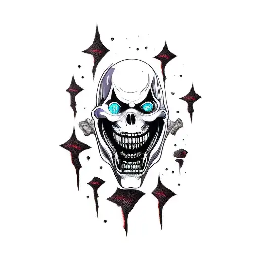 Scary Face With Sharp Teeth Psychedelic Tattoo On Leg